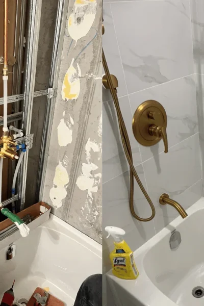 Before and after of bathroom renovation bathtub - Nassar Renovations, Plumbing & Heating. Specializes in Bathroom Renovations, Basement Renovations, Kitchen Renovations, and plumbing. Operating in Brampton, Mississauga, Toronto, and Scarborough.